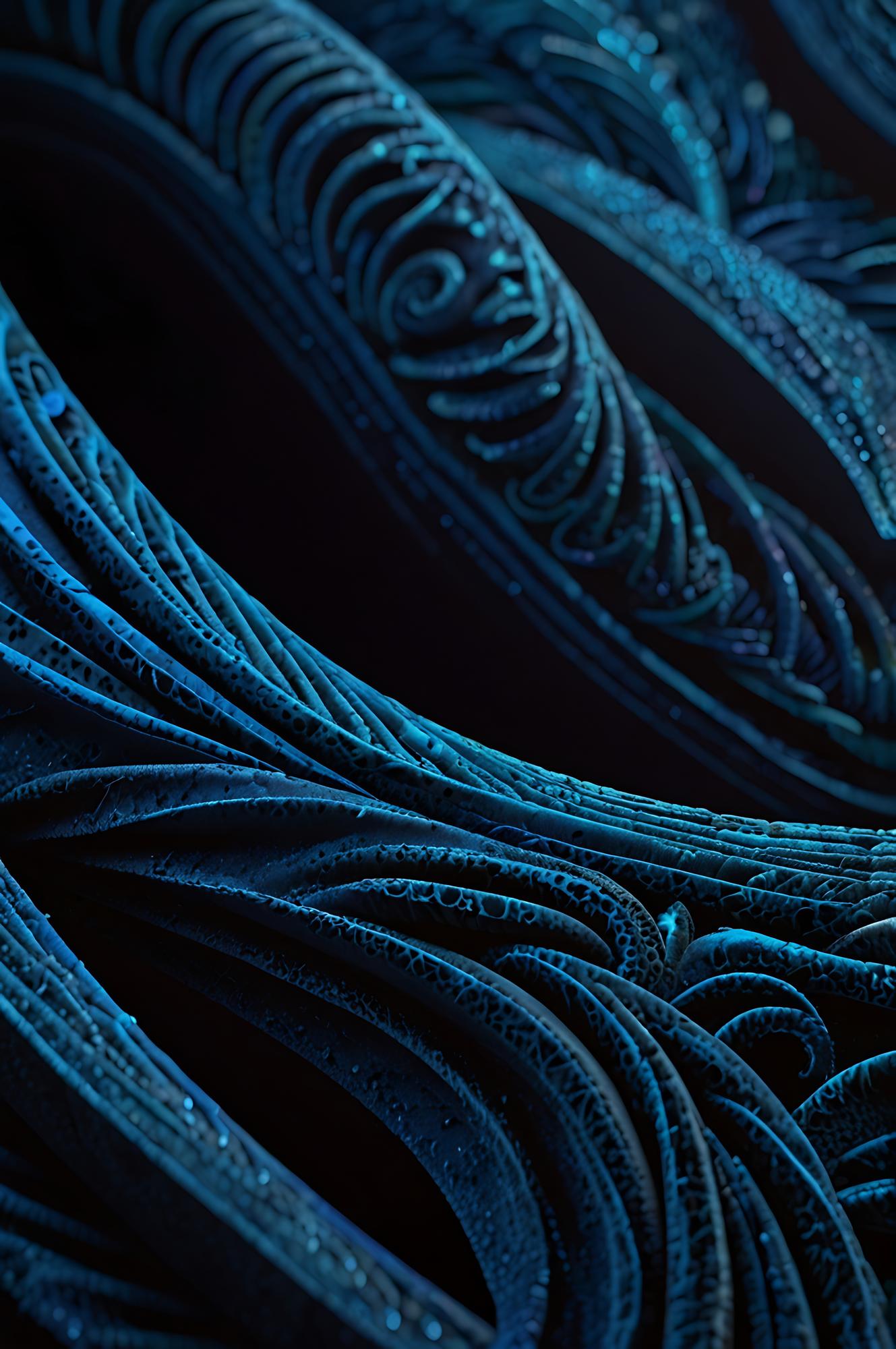 Close-up metallic blue machine embroidery on black fabric