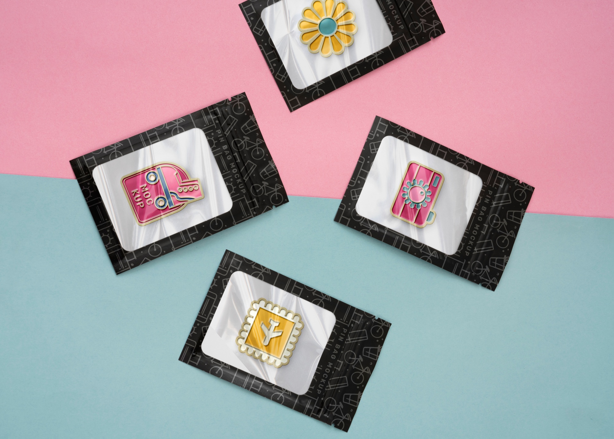 Three sample embroidered badges on display